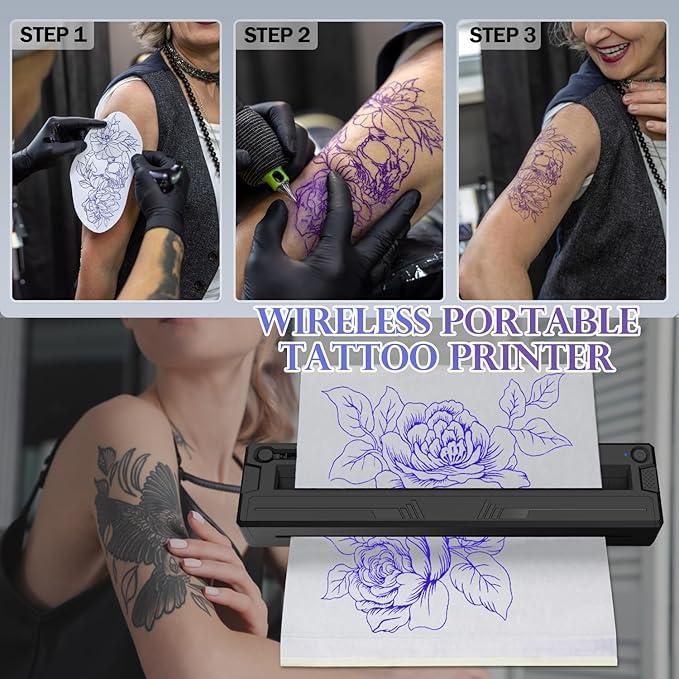 Wireless Tattoo Stencil Printer, Portable Bluetooth Thermal Tattoo Printer with App Custom-Size≤ A4, Print Realistic Portraits, 10 Transfer Papers Included, Works for Phone/Tablet/PC - Black
