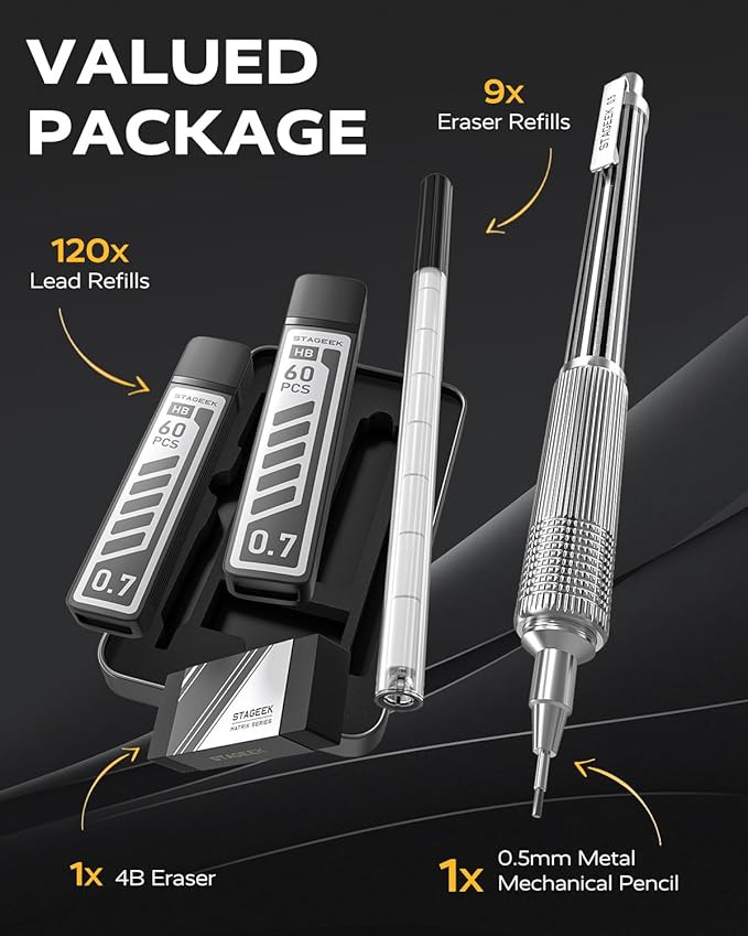 0.5mm Mechanical Pencil with Metal Gift Case, 1PCs Metal Mechanical Pencil with 120PCS HB Lead Refills,4B Erasers and 9PCS Eraser Refills, for Writing Drafting Drawing and Sketching(Silver)