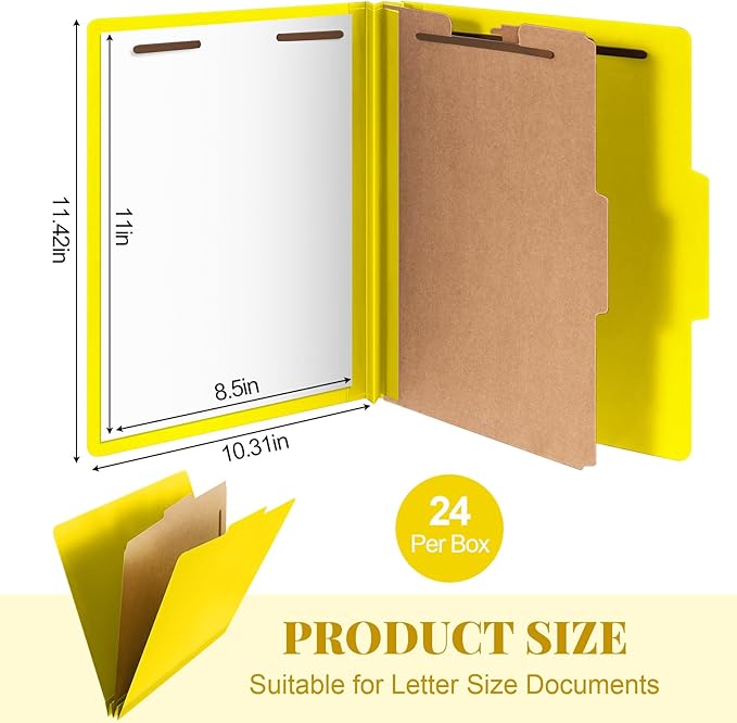24 Pcs Classification Folders Letter Size, 1 Divider Pressboard File Folder with Fasteners, Expanding File Organizer Bulk for Teachers, Clergy, Office, Church, Christmas Donations (Yellow)
