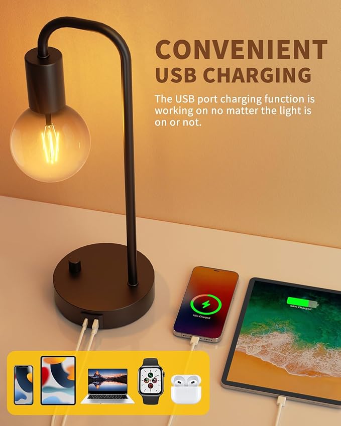 ONEWISH Industrial Table Lamp Set of 2 with USB C&A Charging Port, Stepless Dimmable Nightstand Bedside Lamps for Bedroom,Desk Lamps with 2700K Black Gradient Bulb for Reading Living Room,Office