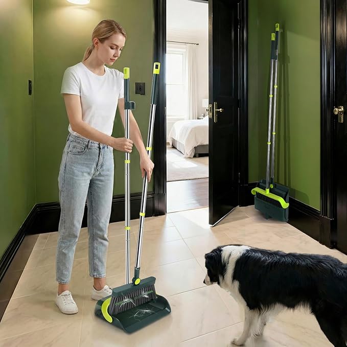 Broom and Dustpan Set – Stainless Steel Long-Handled Broom, Upright Broom with Self-Cleaning Hair Dustpan Teeth, Indoor & Outdoor Use, Suitable for Office, Kitchen & Bathroom