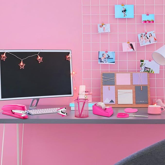 14 in 1 Hot Pink Office Supplies, Hot Pink Desk Accessories for Women with Stapler,Tape Dispenser,1000 Staples,Pen Holder,Staple Remover,Clips,Ruler,Scissors, Sticky Note,Tape,Ballpoint Pen