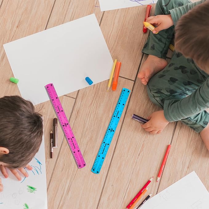 Grevosea 2 PCS Flexible Ruler Bendable Unbreakable Safe Soft Transparent Clear Shatterproof Clear Rulers Straight Flat Plastic Ruler for Home School Classroom Office Kids Adults (Purple, Blue)