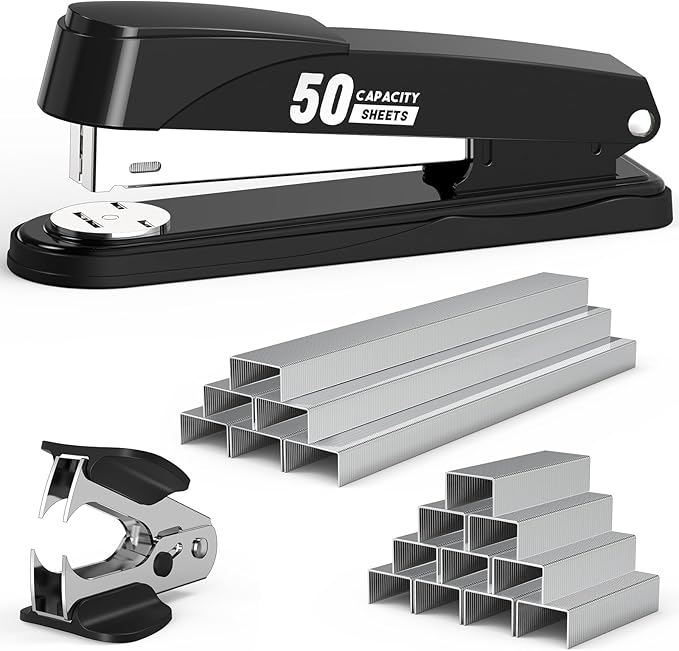 Metal Stapler Heavy Duty 50 Sheet Capacity with 1750 Staples and Staple Remover, Full Strip Staplers for Desk, No Jam, Non-Slip for Office & Classroom, Black