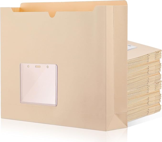 Zhehao 100 Pcs File Jackets Reinforced Straight Cut Tab Pocket Folders Expandable File Folder Expanding Paper Organizer with Tabs Expansion Pocket, Letter Size (Beige Color,with Label Pocket)