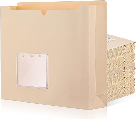 Zhehao 100 Pcs File Jackets Reinforced Straight Cut Tab Pocket Folders Expandable File Folder Expanding Paper Organizer with Tabs Expansion Pocket, Letter Size (Beige Color,with Label Pocket)