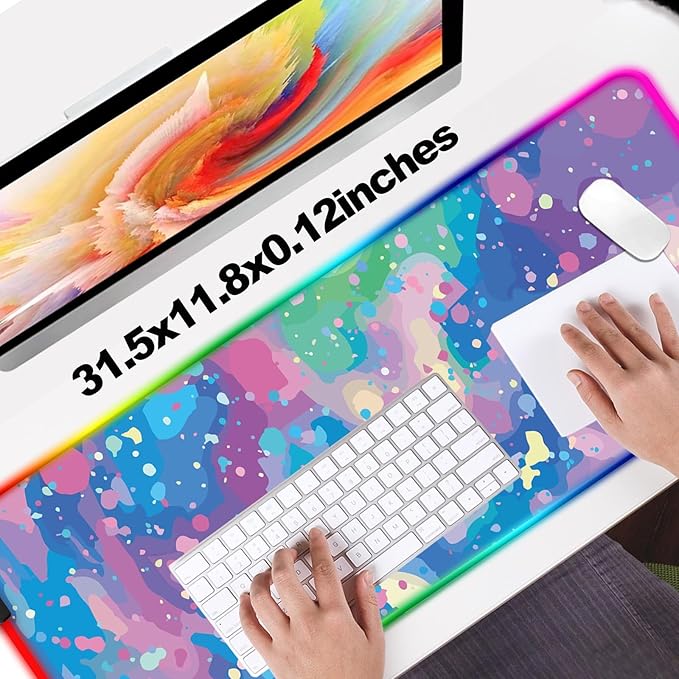 RGB Pretty Abstract Blue Gaming Desk Mat, Computer Keyboard Large Extended Long LED Mouse Pad for Office and Home, XL (W14)