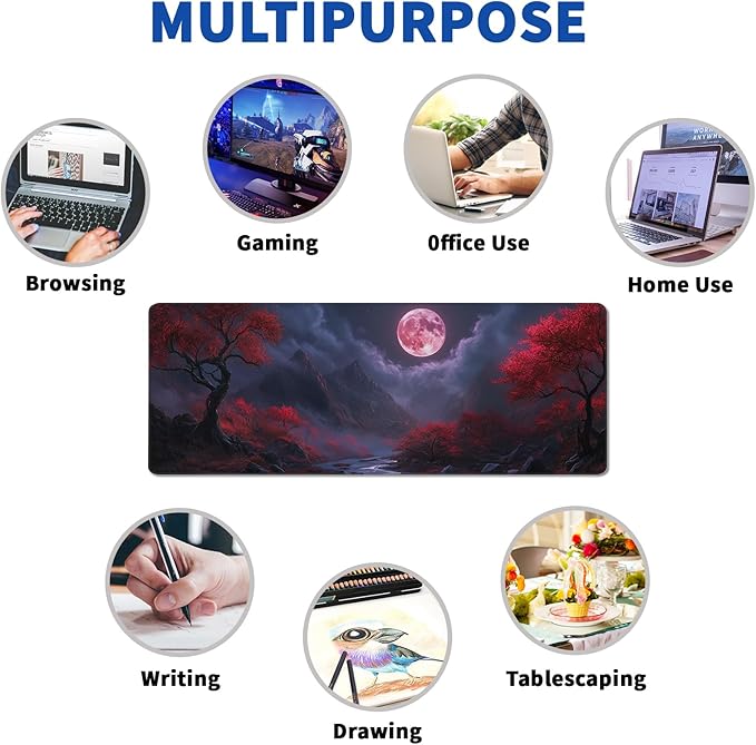 Darkness Red Moon Mouse Pad Abstract Red Mouse Pad 31.5x11.8 Inch Texture Non-Slip Rubber Base Large Mousepad Stitched Edges Keyboard Mouse Mat Desk Pad for Office and Home (Darkness 2)