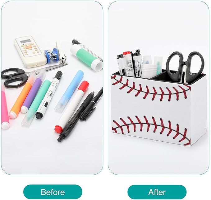 Pen Holder, Pencil Holder for Desk Organizer, Ball Baseball Stitches Sport PU Leather Pencil Cups Desktop Stationery Storage Makeup Brush Holder Pen Organizer for Office Home