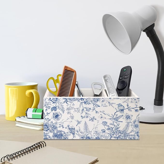 Chinoiserie Floarl Pen Holder for Home Office Desk, Vintage Home Decor, Chinoiserie Blue and White Floral Birds Makeup Brush Toothbrush Holder Organizer for Bathroom Desk Accessories