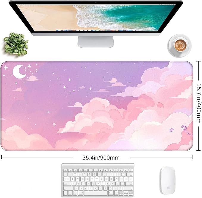 Cute Anime Cloud Desk Mat, Beautiful Pink Stitching Edge Non Slip Rubber Mouse Pad, Suitable for Female and Girl Office Decoration 35.4 x 15.7 x 0.12 Inches