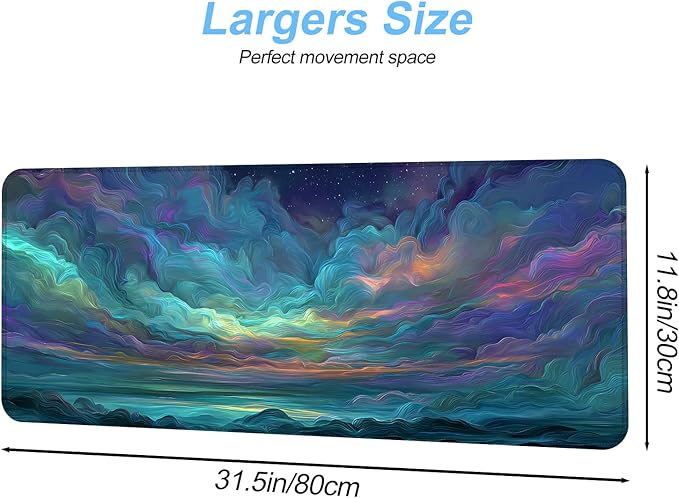Starry Night Ocean Waves Mouse Pad – Large 31.5" x 11.8" Abstract Seascape Desk Mat with Vibrant Blue, Green & Purple Waves and Starry Sky, Non-Slip Rubber Base, Smooth Surface for Gaming & Office