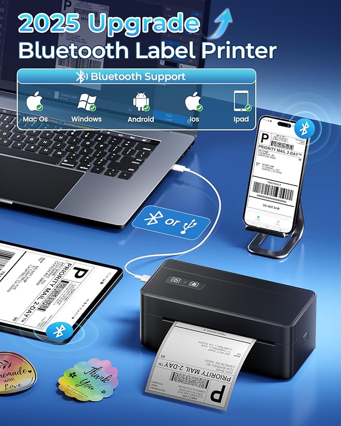 Bluetooth Thermal Shipping Label Printer, 4x6 Thermal Label Printer for Small Business, 2410BT Wireless Label Printers Compatible with iOS Android & PC, Widely Used for Ebay, USPS, Tiktok