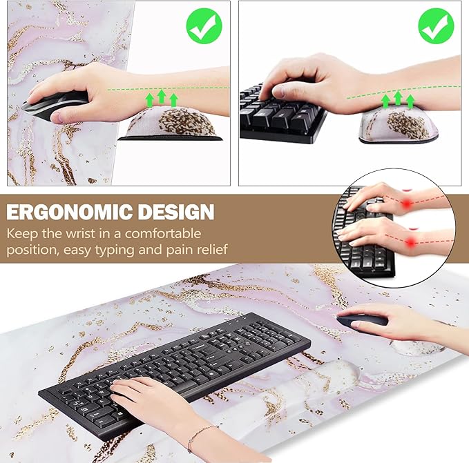 ARTSO Large Gaming Mouse Pad, Keyboard Wrist Rest Pad & Wrist Support Mousepad Set, Stitched Edge, Extended, Non-Slip Base, Memory Foam,Multifunctional Desk Mat 4pcs for Office & Home, Pink Marble
