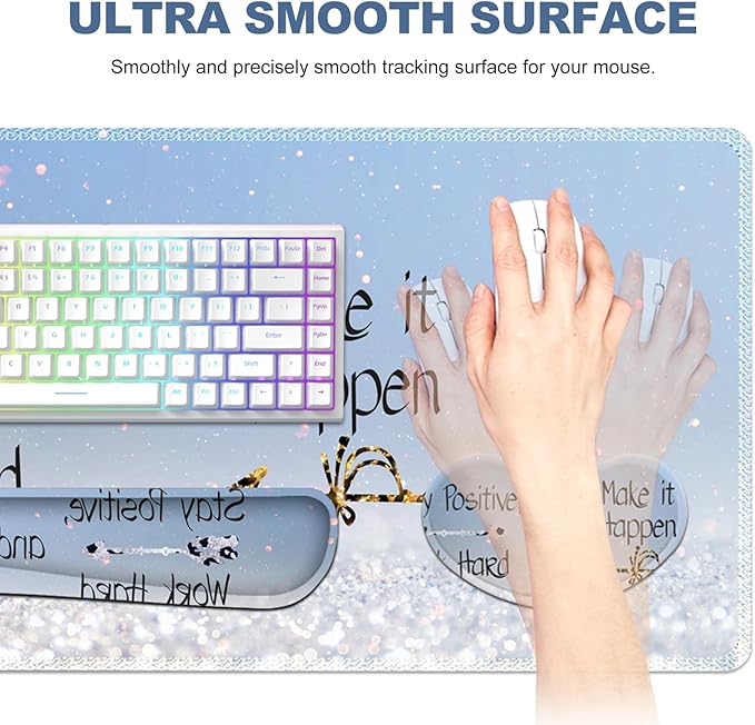Desk Mat, Gaming Mouse Pad Wrist Rest Support Combo, XXL Large Mousepad + Keyboard Wrist Support +Mouse Wrist Rest+Coaster Set with Ergonomic Design 4in1 for Home Office, Stay Positive Blue
