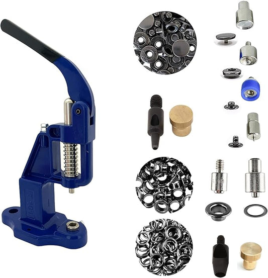 Hobby Trendy Hand Press with Rust Free Steel 50 Sets Ln24 15mm Fashion Spring Glove Snaps and 50 Sets Brass 8 mm (Nr5) Eyelets, Matching Dies and Hole Punches (Black Supplies, Navy Press)