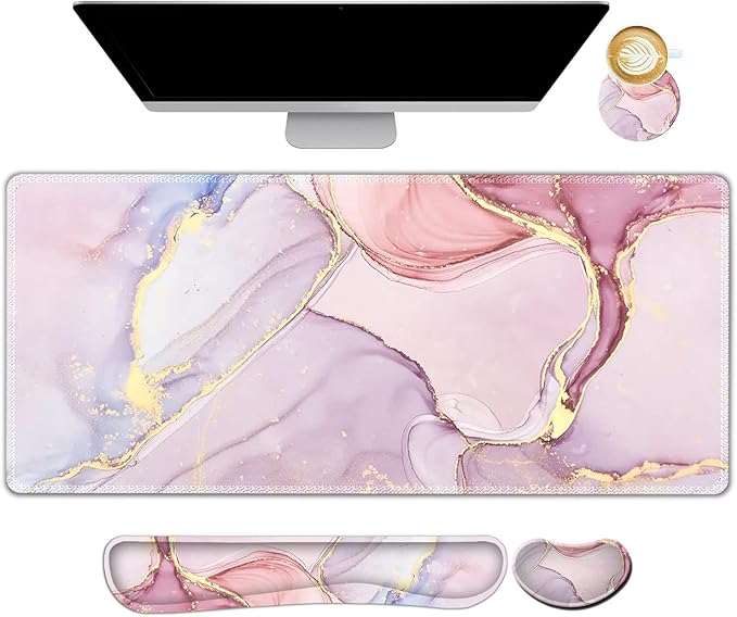 ARTSO Large Gaming Mouse Pad, Keyboard Wrist Rest Pad & Wrist Support Mousepad Set, Stitched Edge, Extended, Non-Slip Base, Memory Foam,Multifunctional Desk Mat for Office & Home, Purple Pink Marble