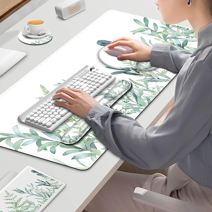ToLuLu Desk Mat, XXL Large Mouse Pad Wrist Support Set，4 in1 Gaming Mousepad Desk Pad+ Ergonomic Mouse Pad with Wrist Rest + Keyboard Wrist Rest+Coaster for Home Office Computer Table, Green Grass