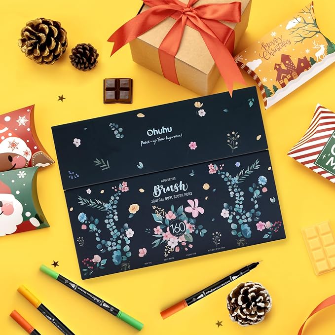 Ohuhu Markers for Adult Coloring Books No Bleeding 160 Colors Coloring Markers Water-based Dual Tips Fineliner & Brush Drawing Pens Art Pens for Kids Adults Sketch Journal - Maui - Black