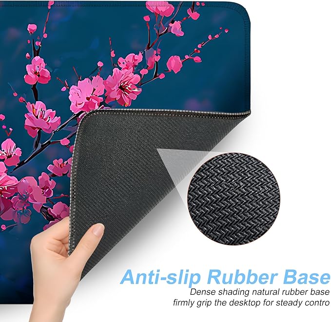 Elegant Cherry Blossom Mouse Pad – 31.5" x 11.8" Extended Desk Mat with Pink Peach Blossoms on Deep Blue Background – Large Non-Slip Surface for Home & Office Use