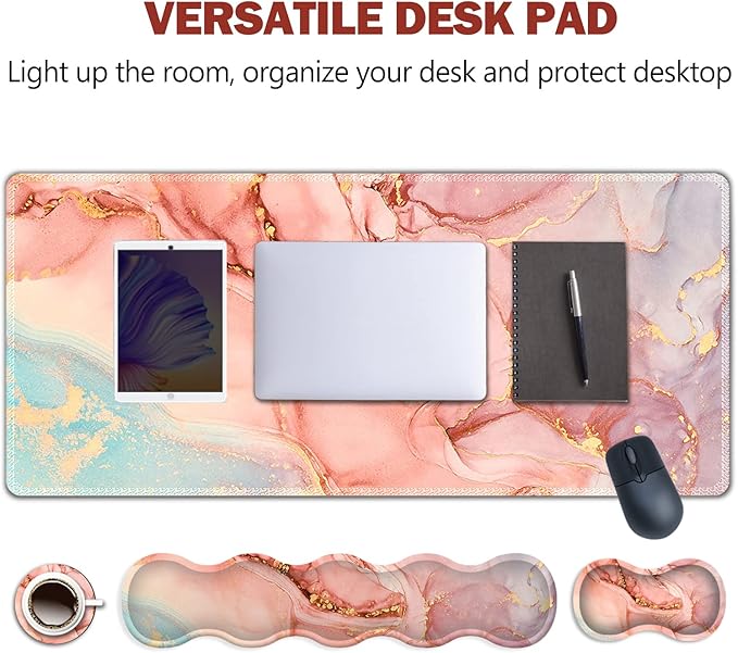 Upgraded Extended Gaming Mouse Pad, Keyboard Wrist Rest Pad, Wrist Support Mousepad Set, Artso Large Stable Rubber Base Stitched Edges, Multifunctional Desk Pad 35 x15.5 in, Abstract Pink Marble