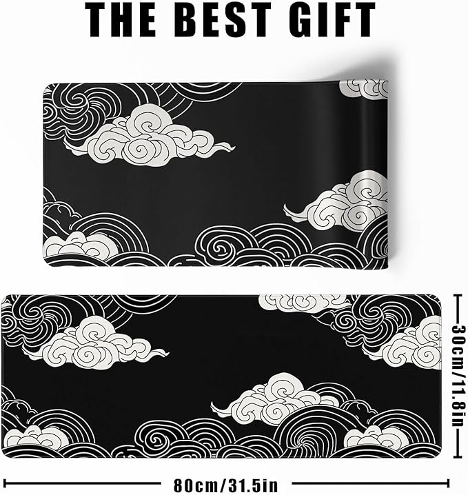 Black and White Mouse Pad Japanese Clouds Mouse Pad XL Anime Big Mouse Pads for Desk Large Gaming Large Mouse Pad for Men Desk Pad with Stitched Edges Non-Slip Large Computer Mat, 31.5x11.8 in