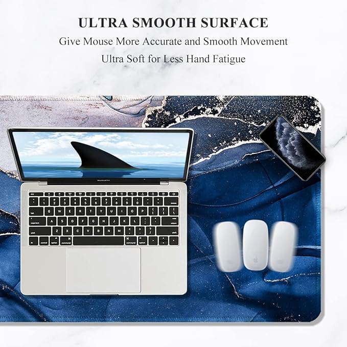 Auhoahsil Large Mouse Pad, XXL Desk Pad, Extened 35" x 15", Non-Slip Rubber Base, Stitched Edges, Superior Surface, Waterproof Keyboard Mat, Large Mousepad for Gamer, Office & Home, Ink Navy Marble