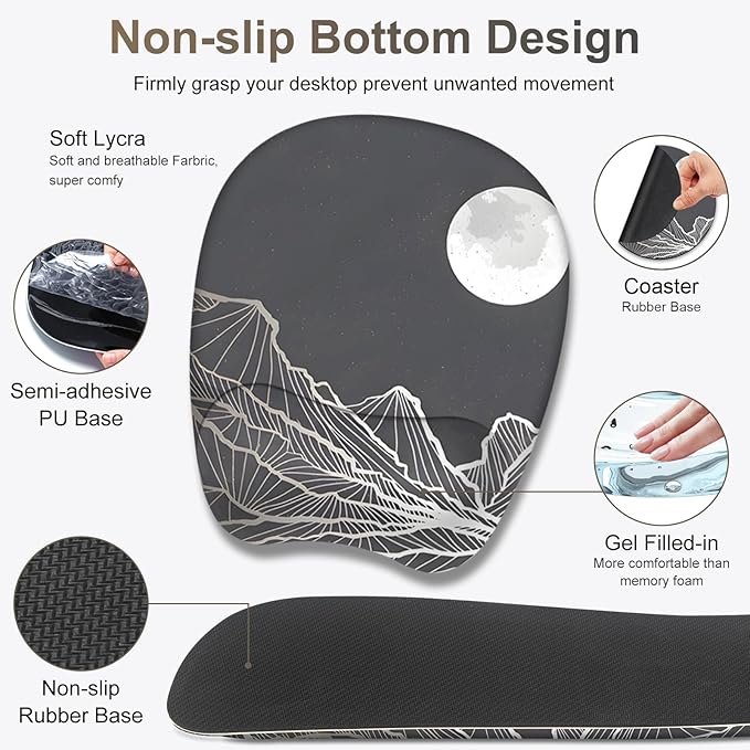 Large Mouse Pad, Keyboard Wrist Rest Set, Ergonomic Mouse Pad with Wrist Support, Desk Mat with Stitched Edges + Coaster, Extended Desk Pad Waterproof Desk Mat for Home Office Game I Moon and Valley