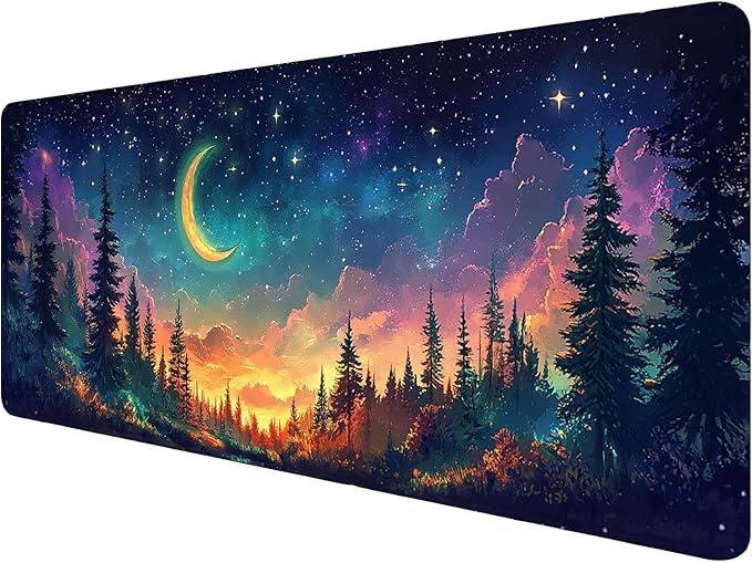 Moon Night Desk Pad Starry Sky Forest Landscape Fantasy Galaxy Extended Gaming Mouse Pad Mat with Stitched Edge Non-Slip Base Big Office Computer Keyboard Laptop Home 31.5"x11.8"