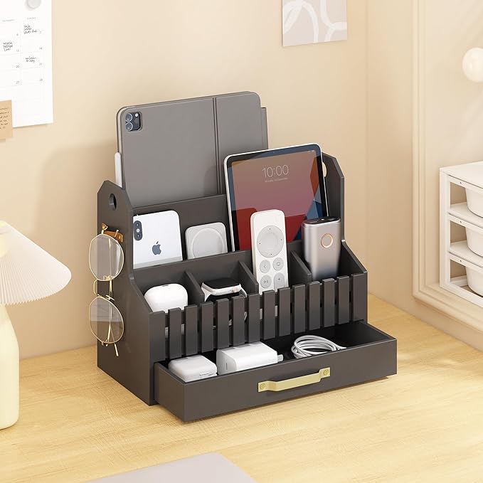 Bamboo Mail Organizer Countertop with Drawers, Wood Desk File Organizer Desktop Paper Organization Storage Bill & Letter Sorter Holder for School Home Office Supplies, No Assembly Required (Black)