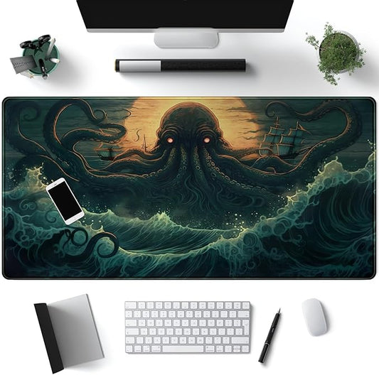 Octopus Anime Desk Pad Ocean Large Mouse Pad Gaming, Extended Kanagawa Desk Mat Pad XL Mousepad 31.5" X 15.7 ", with Anti-Slip Desk Keyboard Stitched Edges Long Computer Keyboard Mat