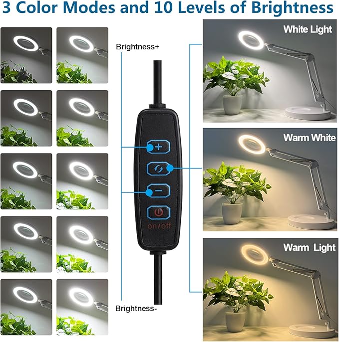 HITTI 10X Magnifying Glass with Light, 1,800 Lumens Stepless Dimmable, 3 Color Modes, 4.2″ Real Glass Lens LED Magnifying Desk Lamp & Clamp, Magnifier Light and Stand for Crafts Close Work-White