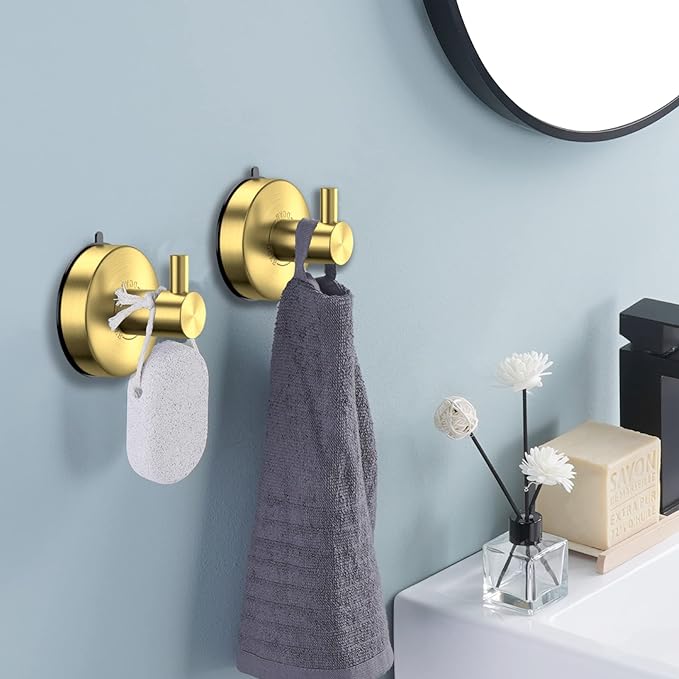 DGYB Suction Cup Hooks - Gold Towel Hooks for Bathrooms - SUS 304 Stainless Steel - 15 Lb Capacity