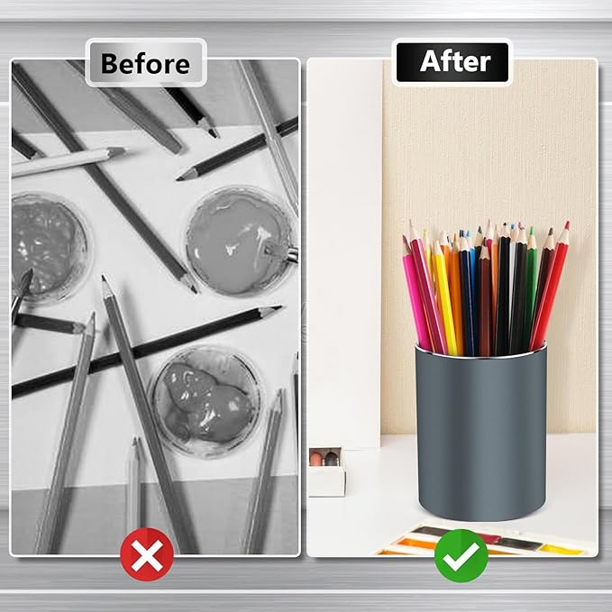 Metal Pen Holder for Desk Round Aluminum Desktop Organizer and Makeup Brush Holder Storage Box for Office, School, Home, and Kids, Non-slip silicone bottom3.9×3.14inch (Grey)