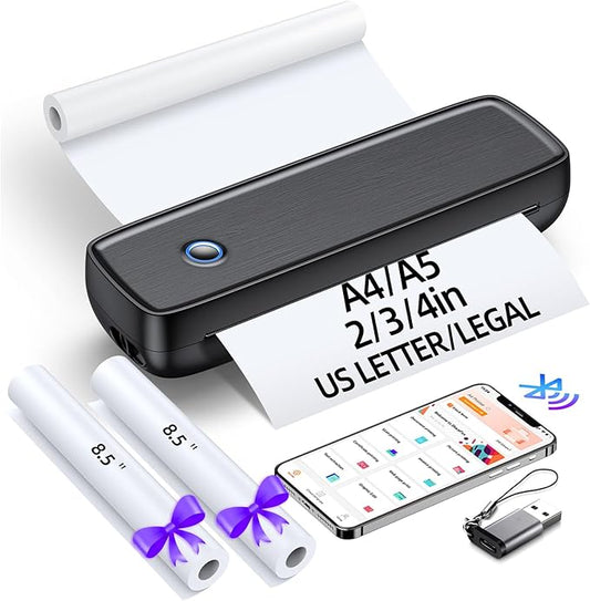Portable Printer Wireless for Travel，Bluetooth Thermal Support 8.5inches X 11inches US Letter &Legal, A4&A5 Thermal Paper, Inkless Compatible with iOS, Android & Laptop for Office Car Home