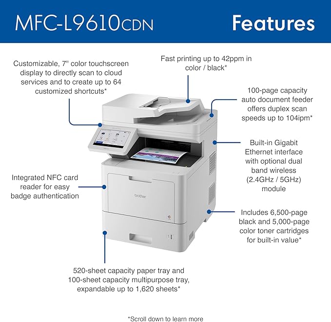 Brother MFC‐L9610CDN Enterprise Color Laser All‐in‐One Printer with Fast Printing, Large Paper Capacity, and Advanced Security Features, White