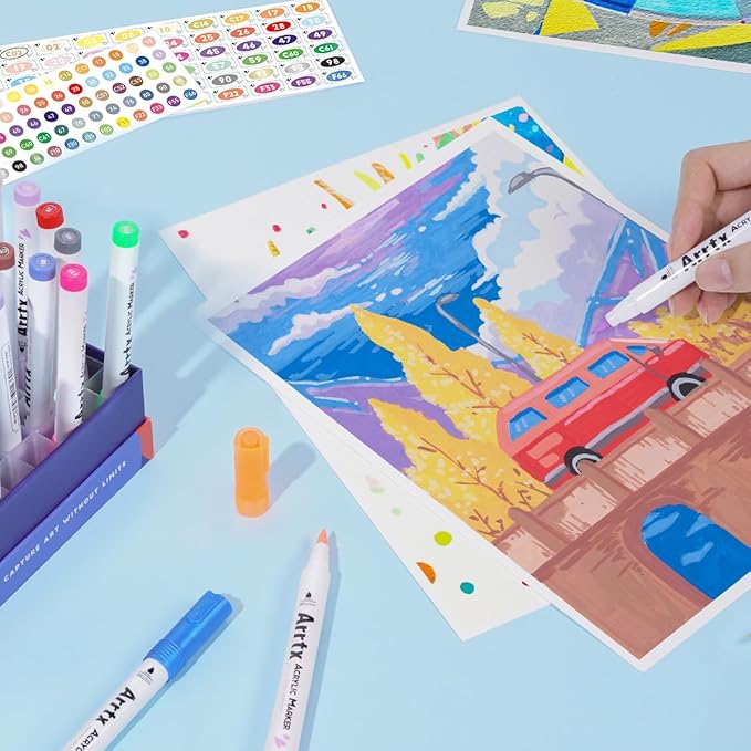 Arrtx Acrylic Paint Pens 60A,Brush Tip Acrylic Markers Set for Rock Painting,Glass,Stone,Wood,Ceramic Fabric