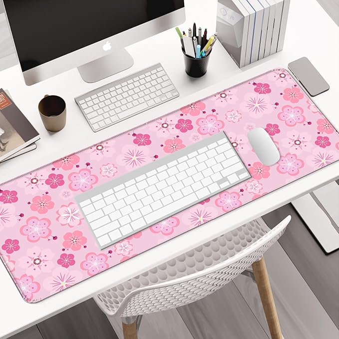 Japanese Pink Cherry Blossoms Gaming Desk Mat, Extended Large Minimalist Plant Aesthetic Mouse Pad, Computer Keyboard Laptop Mousepad for Work, Office and Home, XL