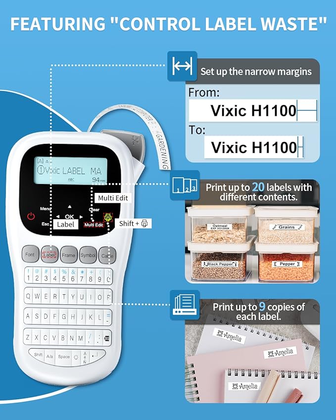 Vixic Label Maker, H1100 Label Maker Machine with-Tape, Portable Label Machine with Backlight Screen, Handheld Labeler Includes USB-C for Power, Multiple Font Icon for School Office Organization