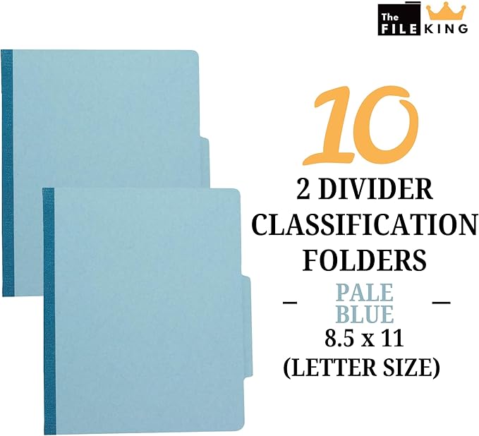 The File King Classification Folders 2 Dividers Letter Size - Pale Blue, 10 Pack | Pressboard Classification Folder | 2-Inch Expansion | Made in USA | Medical File Folders with Dividers and Prongs