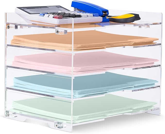 File Paper Organizer Letter Tray For Desk Office Supplies Folder Accessories Storage, Clear Acrylic, For Home School Desktop Organization