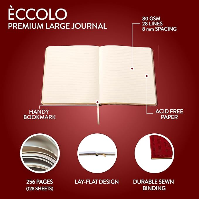 Eccolo Large Lined Journal Notebook, Flexible Cover, Writing Journal, 256 Ruled Ivory Pages, Ribbon Bookmark, Lay Flat, Desk Size for Work or School, Size 8x10", Today is the Day