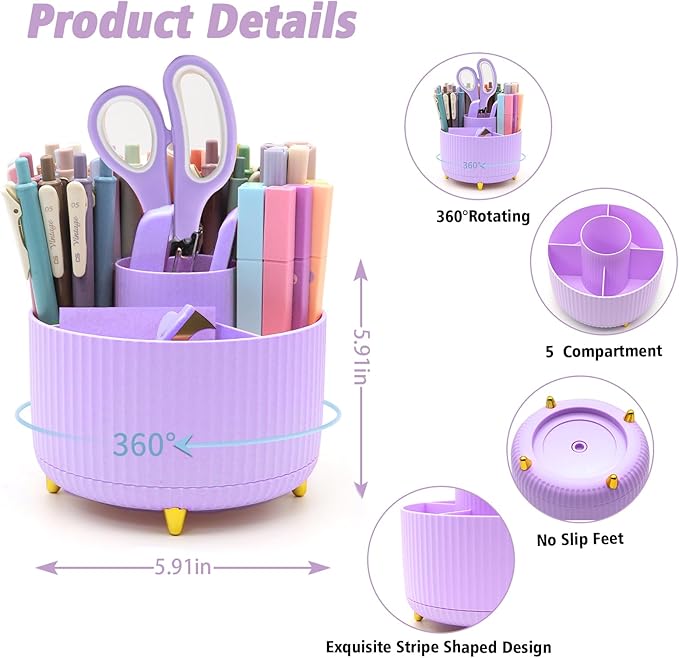 Purple Desk Accessories, UPIHO Rotating Pen Holder Set,Purple Office Supplies with Purple Stapler and Tape Dispenser Set, Gifts for Office Clerks,Student