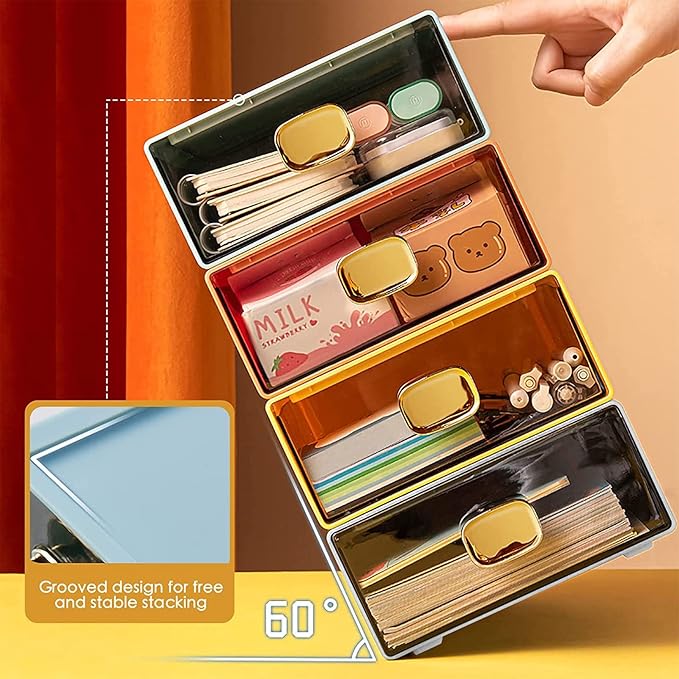 2 PACK Stackable Desk Organizer Stackable Storage Drawer Small Desk Organizer with Drawer Plastic Desktop Storage Organizer for Home, Office, Crafts, Pencils (White, M-1 Drawer, Pack of 2)