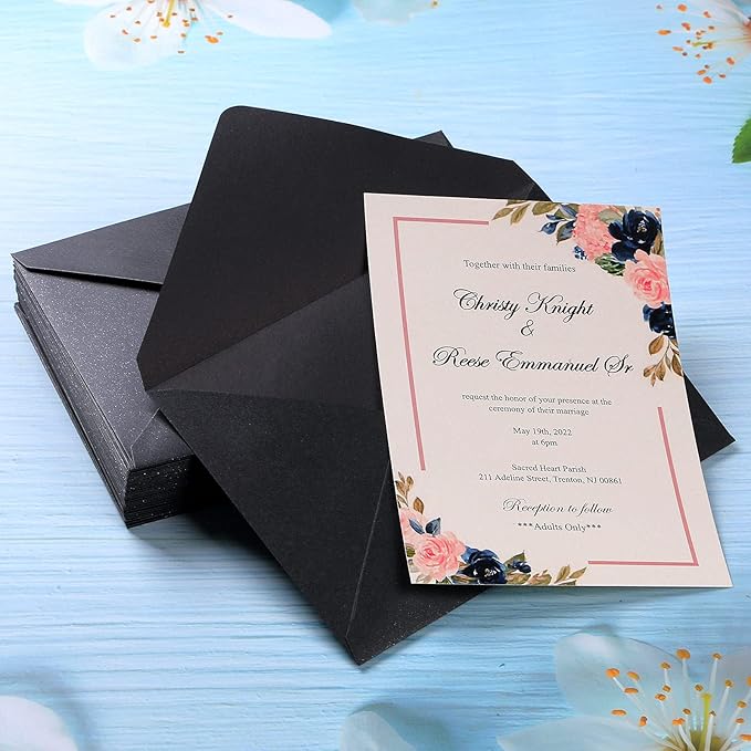PONATIA 50 Pieces/Pack A7 Envelopes, 5.25 x 7.5'' Black Shiny Envelopes Perfect for 5x7'' Invitation Cards, Weddings Invitations, Photos, greeting Cards, Christmas Gift Cards