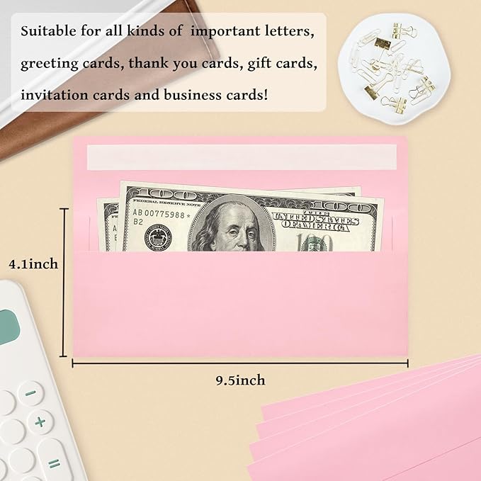 100 Pack #10 Business Envelopes, Pink Standard Envelopes Self Seal, Letter Size Business Mailing Envelopes for Checks Letters Invoices Statements Birthday Graduation Wedding, 4 1/8 x 9 1/2 Inch