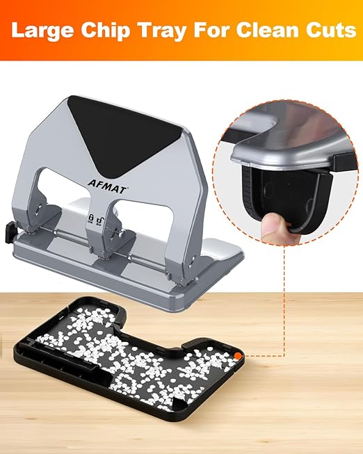 AFMAT HP20 Heavy Duty 3 Hole Punch, 60% Reduced Effort, 50-Sheet 3 Hole Puncher for Binder, 10,000+ Uses, Metal Three Hole Punch for Home Office School, w/Large Chip Tray, Paper Guide