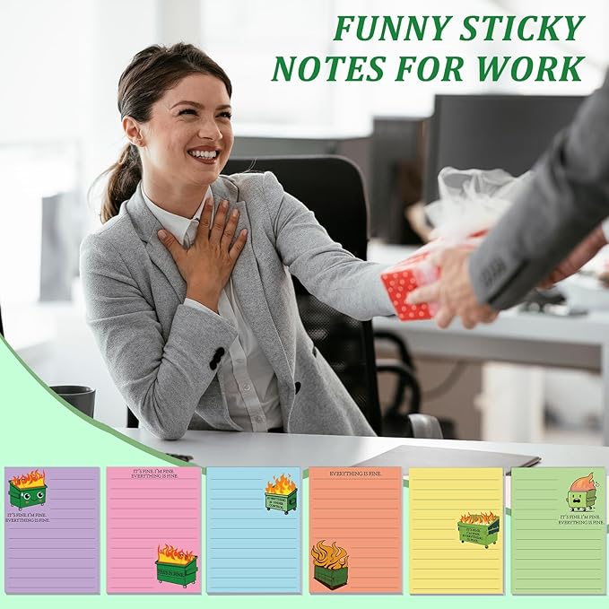 12 Pcs Funny Sticky Notes for Work 4x3 Inches Sarcastic Self Adhesive Notepads Novelty Memo Note Pads for Office Coworker Gifts Employee Appreciation Supplies (Dumpster Fire,Bright Color)