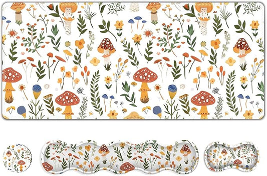 Desk Mat Gaming Mouse Pad, Cute Desk Matt Keyboard Wrist Rest for Desktop, Anti-Slip Mousepad w/Stitched Edges, XXL Large Mouse Pad with Wrist Support for Desk Computer I Mushroom Plant Leave