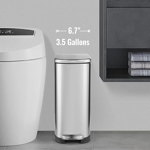 ELPHECO 3.5 Gallon Bathroom Trash Can with Soft Close Lid, 13.5 Litre Stainless Steel Pedel Garbage Can with Removable Inner Bucket, Wastebasket for Bathroom, Office, Bedroom, Silver